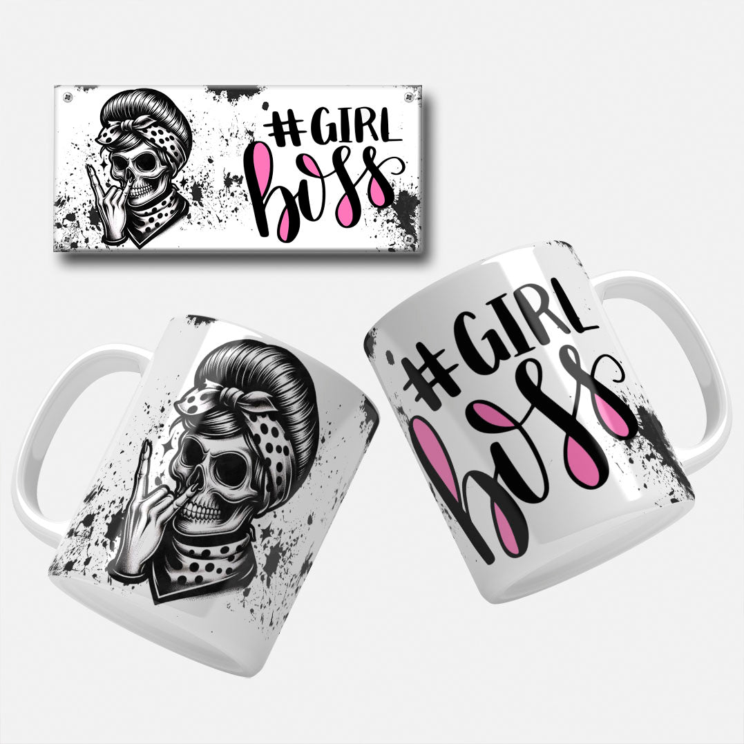 Girl Boss Skull Mug Wrap_03 - A mug wrap design with a skull wearing a bandana and sunglasses, surrounded by flowers, with "Girl Boss" text in bold pink and white letters.