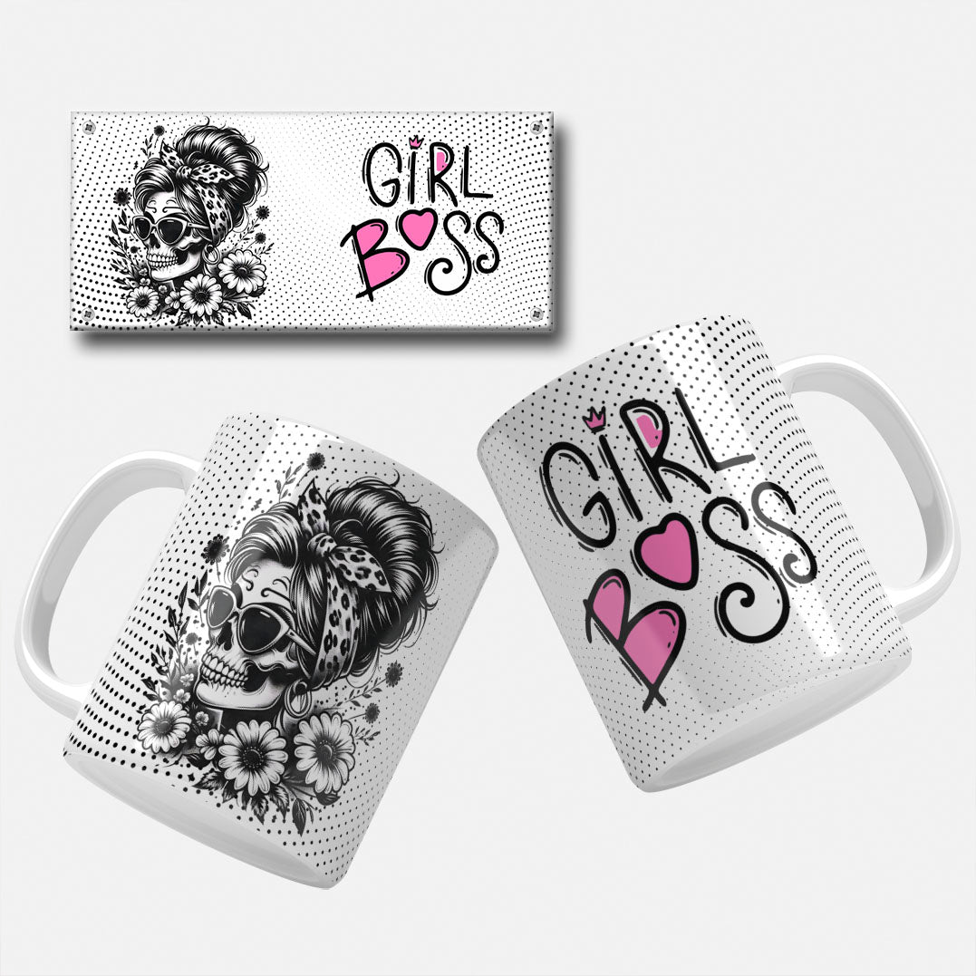 Girl Boss Skull Mug Wrap_01 - A vibrant mug wrap featuring a detailed skull with a stylish hairdo and bandana, holding up a rock sign, set against a grid background with pink accents.