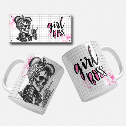 Girl Boss Skull Mug Wrap_04 - An edgy mug wrap showcasing a skull with a retro hairstyle and polka dot bandana, making a shushing gesture, set against a dark background with pink accents.