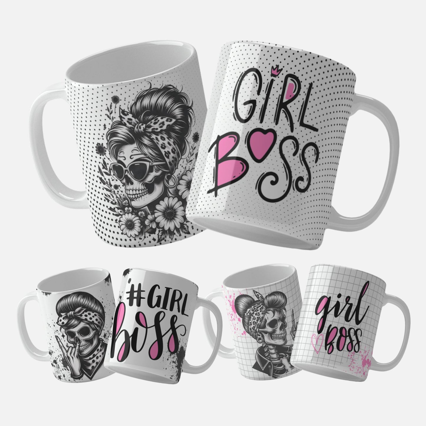 Girl Boss Skull Mug Wrap_01 - A vibrant mug wrap featuring a detailed skull with a stylish hairdo and bandana, holding up a rock sign, set against a grid background with pink accents.