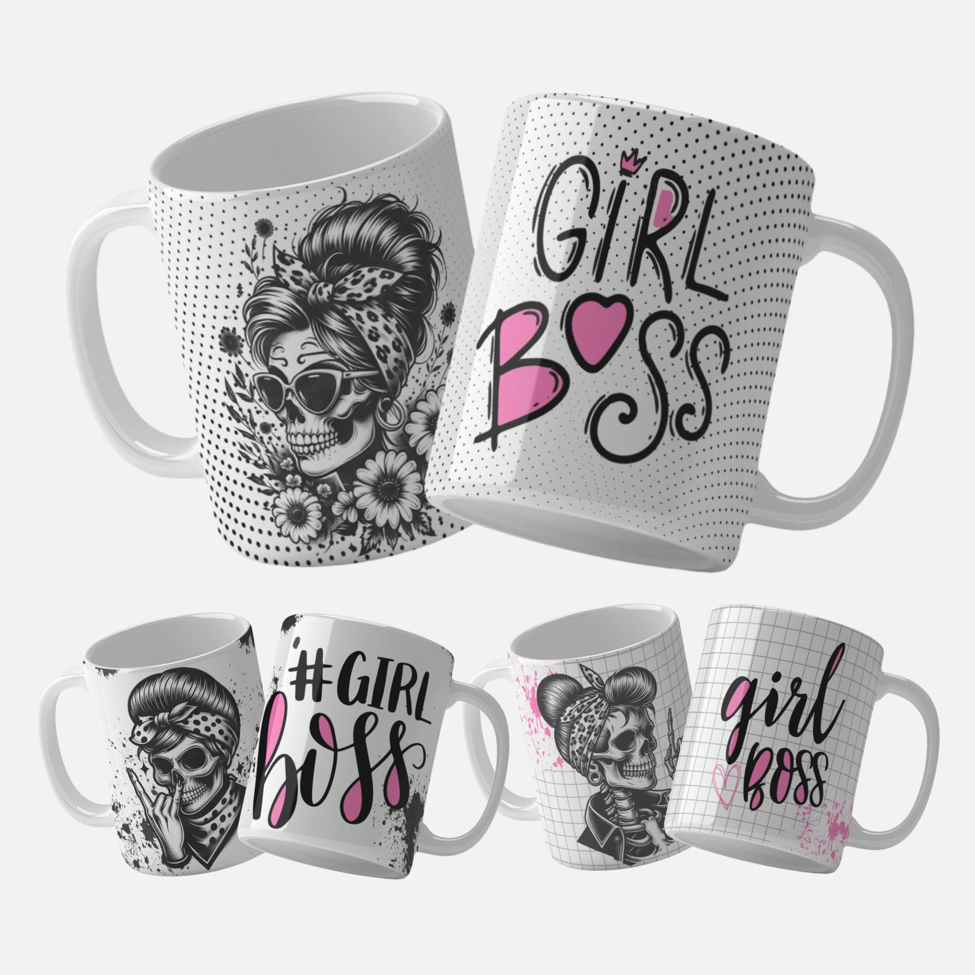 Girl Boss Skull Mug Wrap_01 - A vibrant mug wrap featuring a detailed skull with a stylish hairdo and bandana, holding up a rock sign, set against a grid background with pink accents.