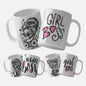 Girl Boss Skull Mug Wrap_01 - A vibrant mug wrap featuring a detailed skull with a stylish hairdo and bandana, holding up a rock sign, set against a grid background with pink accents.