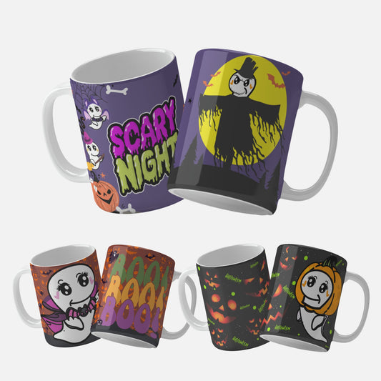 Collection of Halloween mug wraps featuring a cute ghost with a pumpkin head, a spooky night scene with ghosts and a scarecrow, and an adorable vampire ghost with BOO text, perfect for Halloween decor and gift