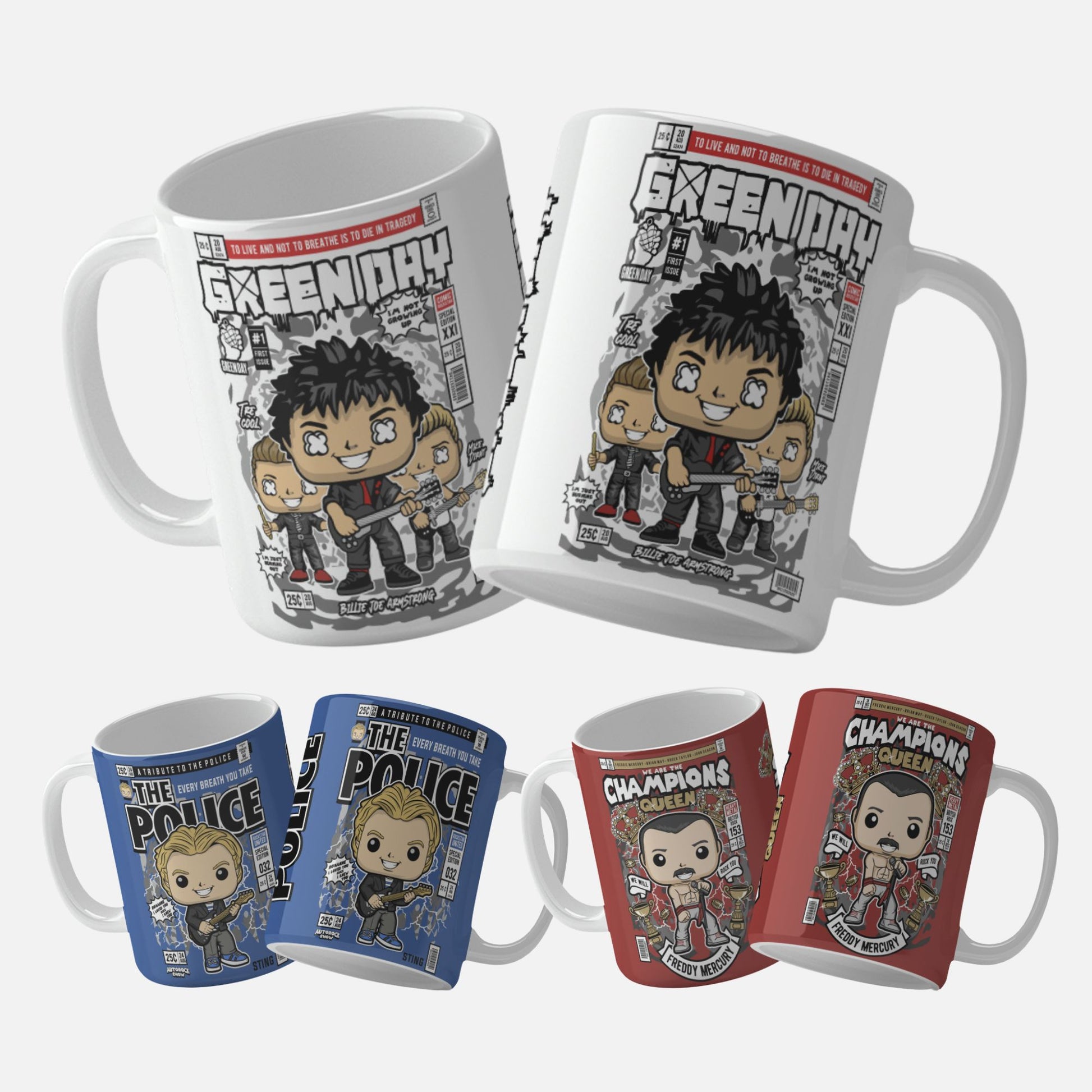 Collection of png mug wrap designs showcasing vibrant mug wrap designs inspired by iconic musicians such as Freddie Mercury, Elvis Presley, Eminem, Iron Maiden, Slipknot, Green Day, The Police and Aerosmith. Each mug features unique and dynamic artwork, ideal for personalization and gifting to music lovers