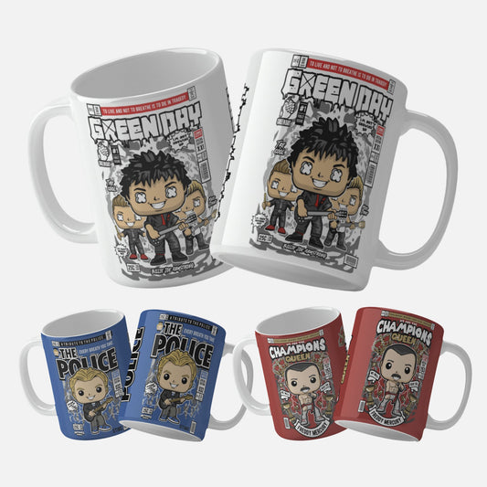 Collection of png mug wrap designs showcasing vibrant mug wrap designs inspired by iconic musicians such as Freddie Mercury, Elvis Presley, Eminem, Iron Maiden, Slipknot, Green Day, The Police and Aerosmith. Each mug features unique and dynamic artwork, ideal for personalization and gifting to music lovers