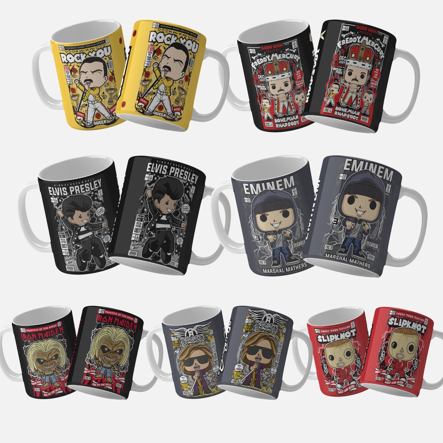 Collection of png mug wrap designs showcasing vibrant mug wrap designs inspired by iconic musicians such as Freddie Mercury, Elvis Presley, Eminem, Iron Maiden, Slipknot, Green Day, The Police and Aerosmith. Each mug features unique and dynamic artwork, ideal for personalization and gifting to music lovers