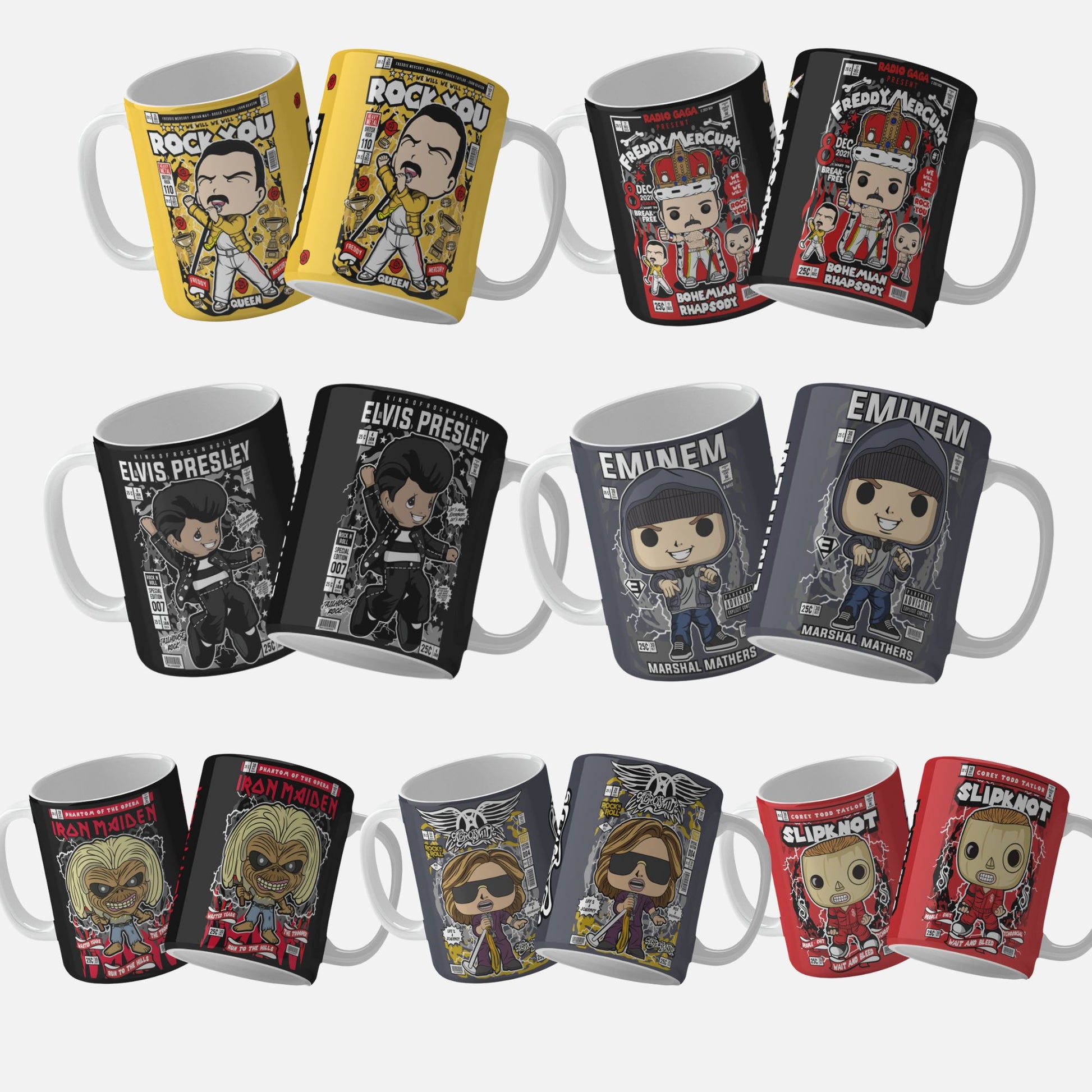 Collection of png mug wrap designs showcasing vibrant mug wrap designs inspired by iconic musicians such as Freddie Mercury, Elvis Presley, Eminem, Iron Maiden, Slipknot, Green Day, The Police and Aerosmith. Each mug features unique and dynamic artwork, ideal for personalization and gifting to music lovers