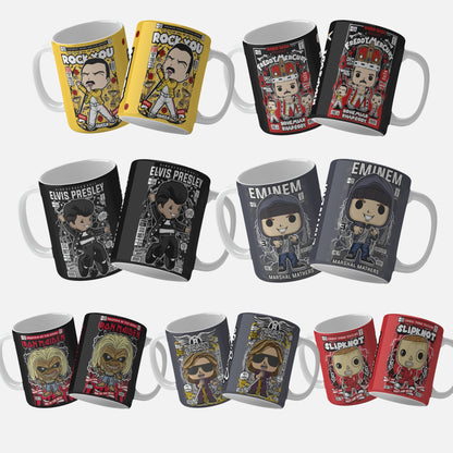 Collection of png mug wrap designs showcasing vibrant mug wrap designs inspired by iconic musicians such as Freddie Mercury, Elvis Presley, Eminem, Iron Maiden, Slipknot, Green Day, The Police and Aerosmith. Each mug features unique and dynamic artwork, ideal for personalization and gifting to music lovers