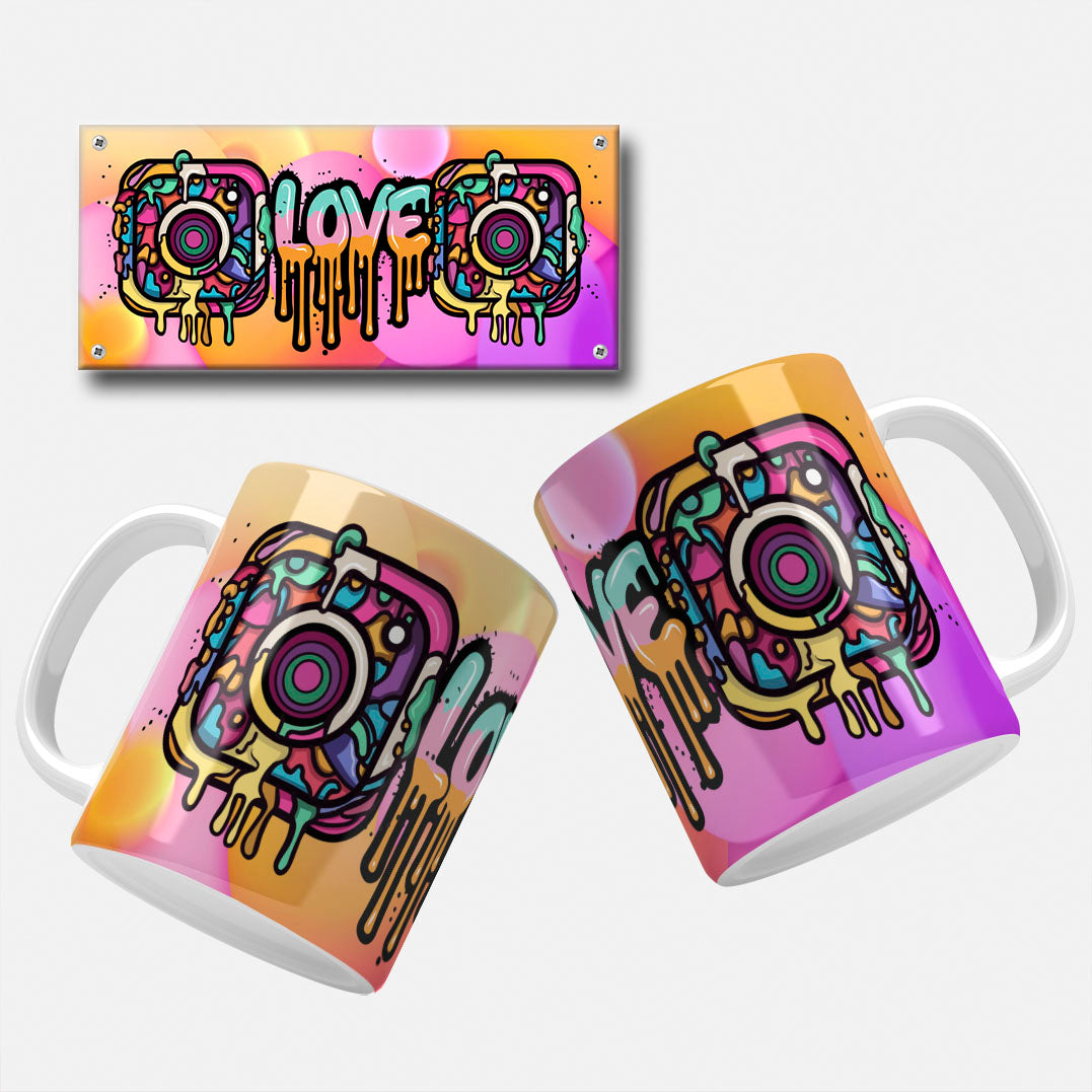 Instagram Mug Wrap Design with vibrant graffiti-style artwork featuring "Love" text and Instagram icons.