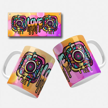 Instagram Mug Wrap Design with vibrant graffiti-style artwork featuring "Love" text and Instagram icons.