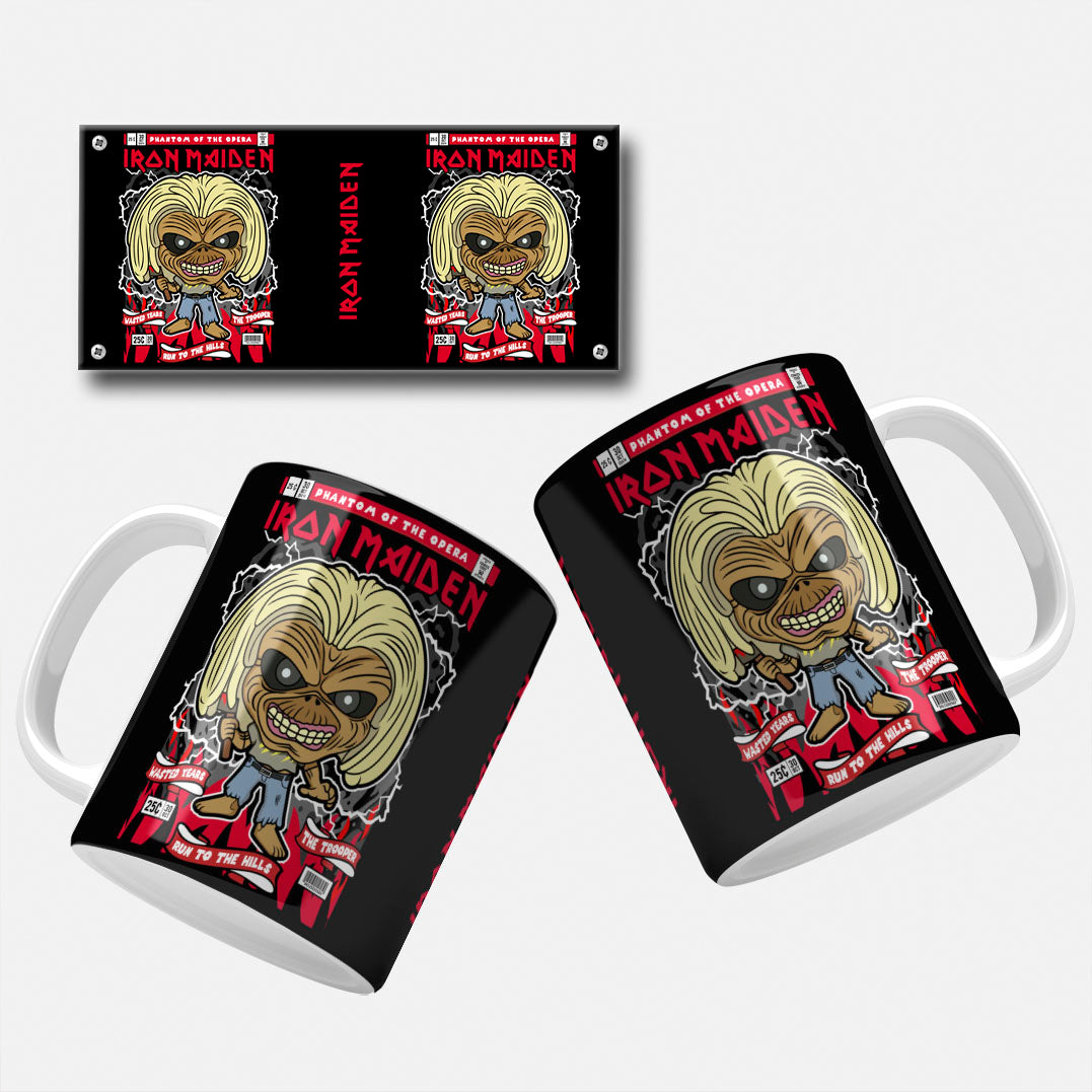 Iron Maiden mug wrap png Design showcasing the band Iron Maiden's iconic mascot, Eddie, in a comic-style illustration.
