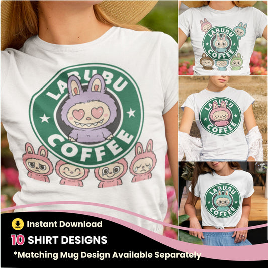 Cute Labubu T-shirt design bundle in PNG format for sublimation. Includes digital prints of La Bubu monster characters, perfect for shirts and camisetas.
