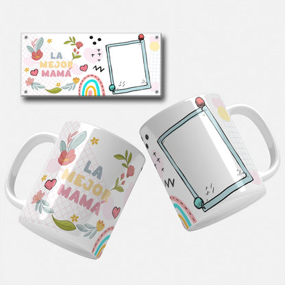 Spanish Mother's Day mug wrap with the text "La Mejor Mamá" featuring floral elements and a frame to insert photo.