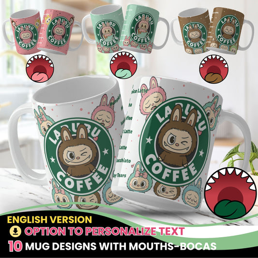 Two mugs with cartoon character design and 'Labub Coffee' Starbucks style branding on a white surface.