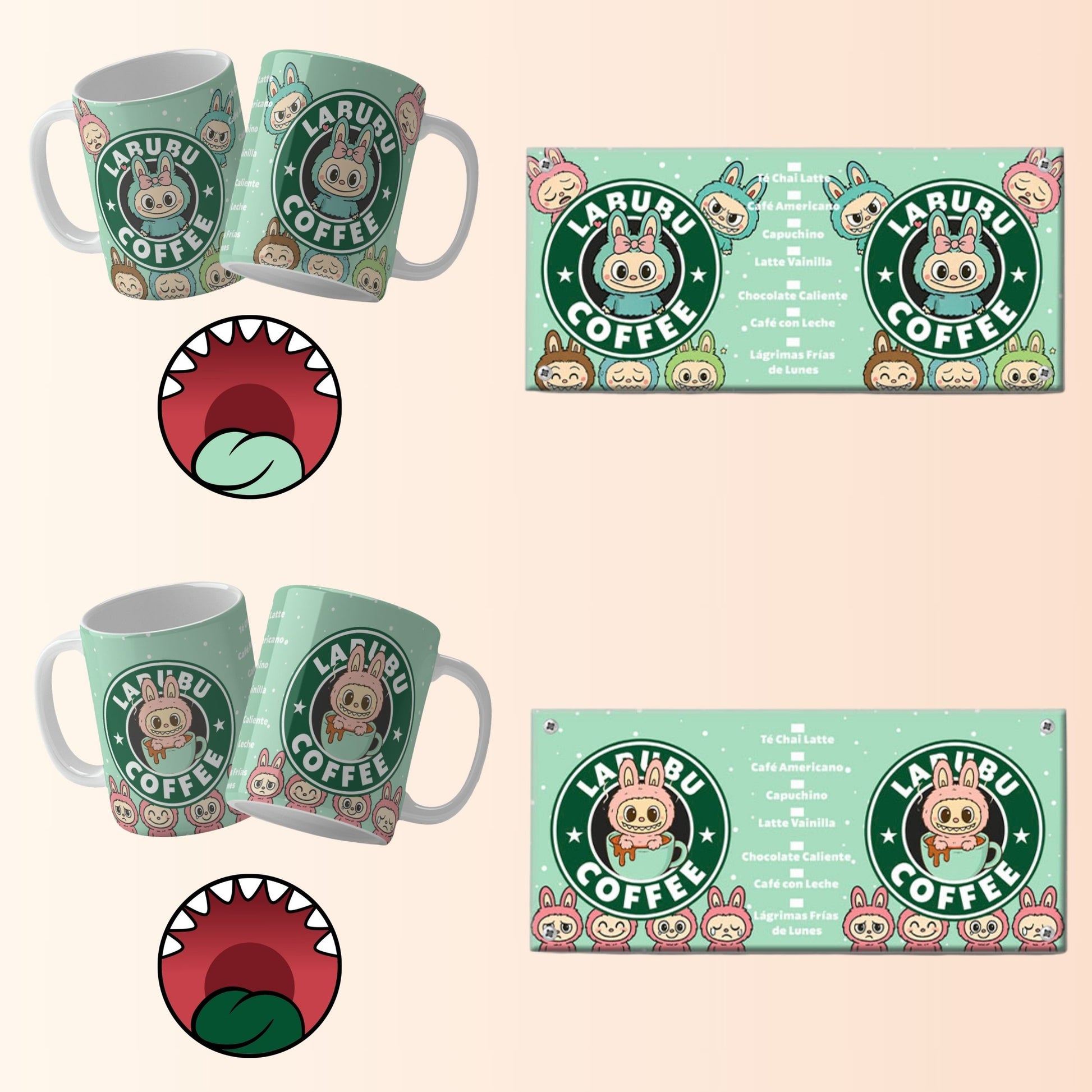 Mugs and bottom mouths with a cartoon character and 'Labubu Coffee' branding on a beige background.
