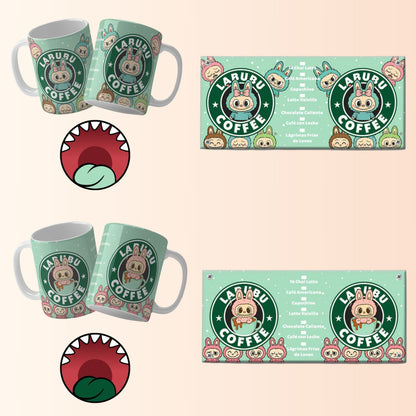 Mugs and bottom mouths with a cartoon character and 'Labubu Coffee' branding on a beige background.