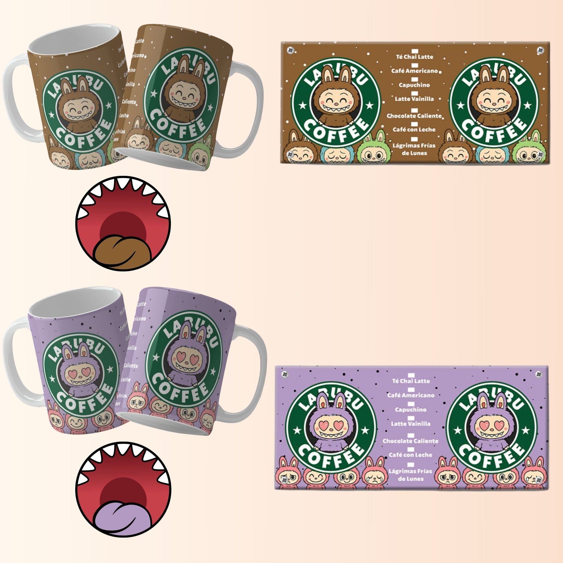 Mugs and bottom mouths with a cartoon character and 'Labubu Coffee' branding on a beige background.