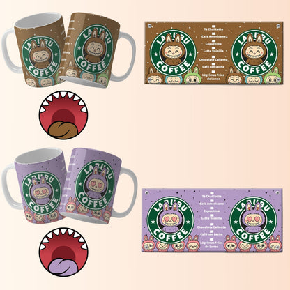 Mugs and bottom mouths with a cartoon character and 'Labubu Coffee' branding on a beige background.