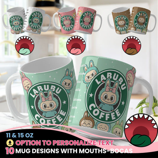 Two green mugs with cartoon character design and 'Labubu Coffee' text, surrounded by additional mugs and decorative elements.