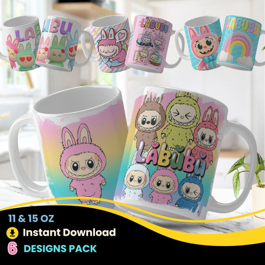 A collection of Labubu-themed mouth-bottom mug wrap templates in PNG format, perfect for sublimation. Features fun cartoon character designs with playful mouths placed at the base of the mug, ideal for adding humor and personality to drinkware. Includes both English and Spanish keywords for broad appeal. 