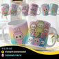 A collection of Labubu-themed mouth-bottom mug wrap templates in PNG format, perfect for sublimation. Features fun cartoon character designs with playful mouths placed at the base of the mug, ideal for adding humor and personality to drinkware. Includes both English and Spanish keywords for broad appeal. 
