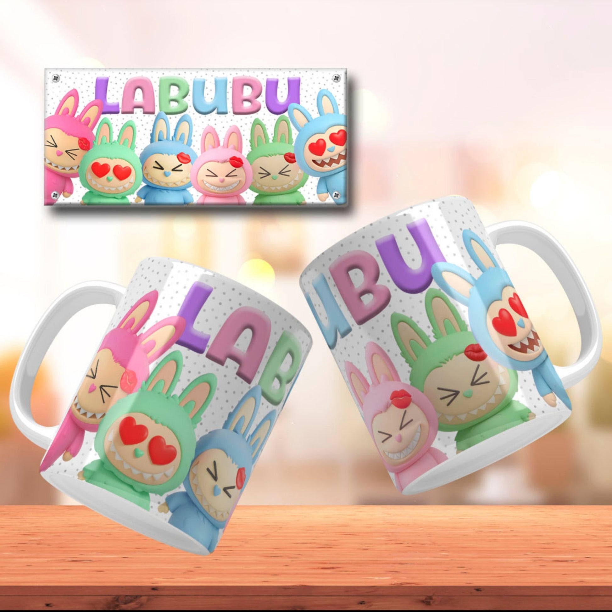 A collection of Labubu-themed mouth-bottom mug wrap templates in PNG format, perfect for sublimation. Features fun cartoon character designs with playful mouths placed at the base of the mug, ideal for adding humor and personality to drinkware. Includes both English and Spanish keywords for broad appeal.