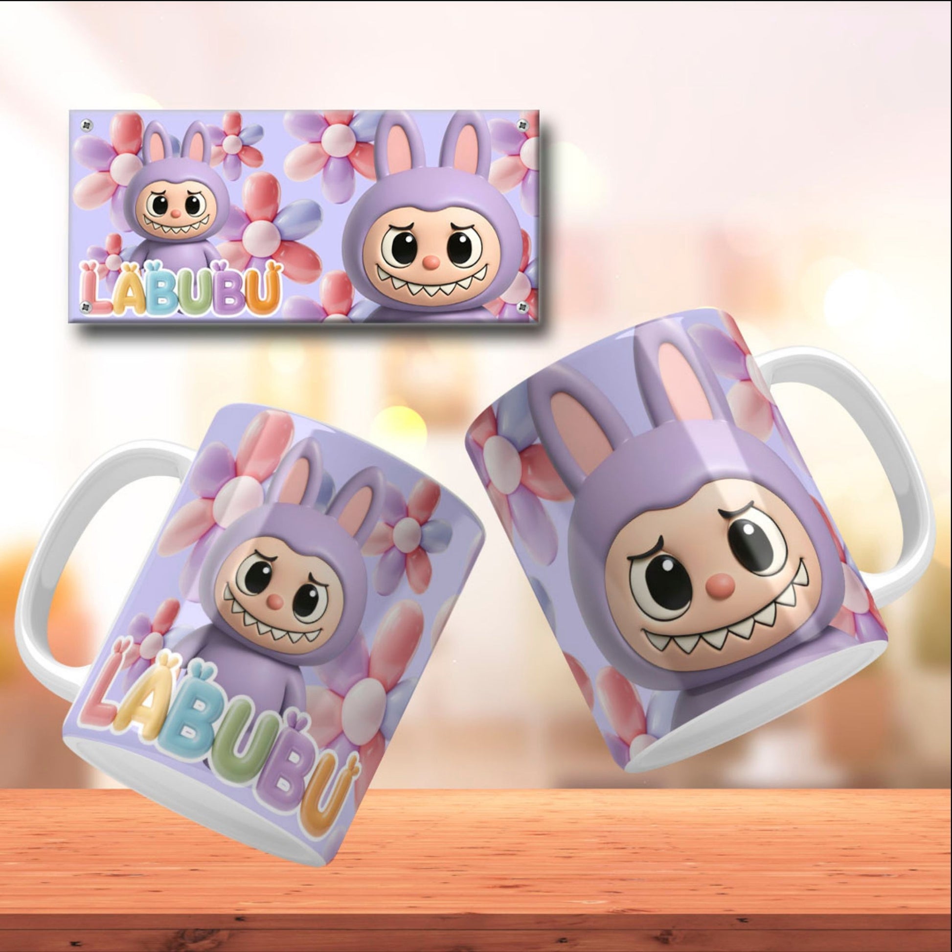 A collection of Labubu-themed mouth-bottom mug wrap templates in PNG format, perfect for sublimation. Features fun cartoon character designs with playful mouths placed at the base of the mug, ideal for adding humor and personality to drinkware. Includes both English and Spanish keywords for broad appeal.