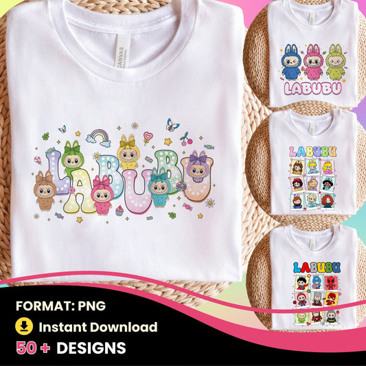 Labubu T-shirt design bundle in PNG format for sublimation. Includes digital prints of La Bubu monster characters, perfect fo shirts and camisetas sublimation.