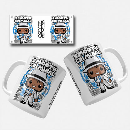 Image of Michael Jackson Smooth Criminal Mug Wrap  Comic-inspired mug wrap showing Michael Jackson in his white "Smooth Criminal" suit and hat, with a blue and white background.