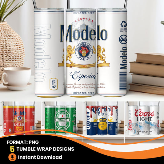 Collection of beer tumbler wrap including Modelo, Heineken, and Coors Light for sublimation.