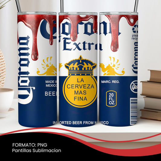Corona Beer 20oz Tumbler Wrap PNG | La Cerveza Mas Fina Drip Sublimation Design | Mexican Beer Skinny Tumbler Template