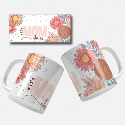 Colorful floral mug wrap template with the text 'Wife Mom Boss' surrounded by daisies and coffee cup illustration