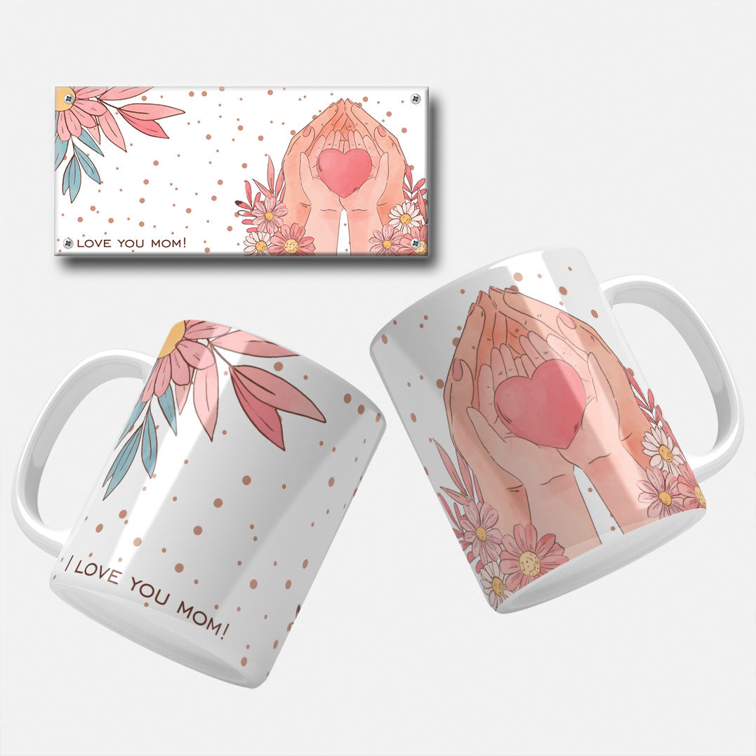 mothers day mug wrap png. Heartwarming mug wrap with hands holding a heart surrounded by flowers and the text 'I Love You Mom' on a black background with scattered dots