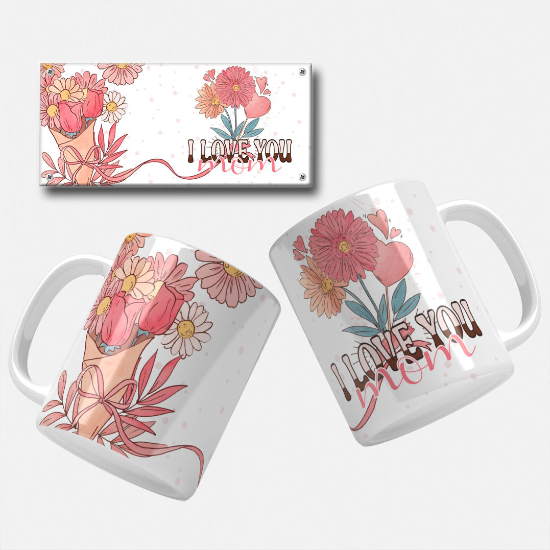 mothers day mug wrap png. Lovely mug wrap featuring a bouquet of flowers with the text 'I Love You Mom' on a black background with white polka dots.