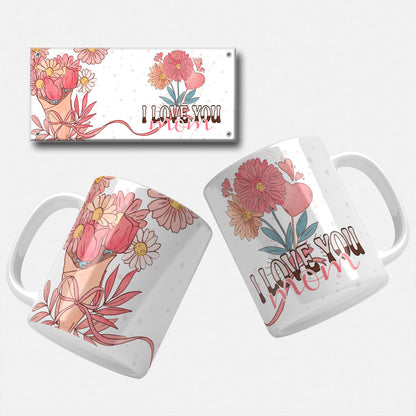 mothers day mug wrap png. Lovely mug wrap featuring a bouquet of flowers with the text 'I Love You Mom' on a black background with white polka dots.