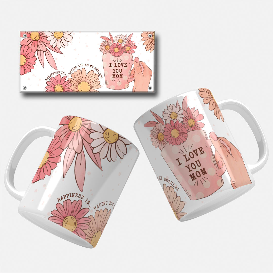 Mothers day mug wrap png. Beautiful mug wrap with a hand holding a mug filled with flowers and the text 'I Love You Mom' on a black background with floral decorations.