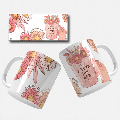 Mothers day mug wrap png. Beautiful mug wrap with a hand holding a mug filled with flowers and the text 'I Love You Mom' on a black background with floral decorations.