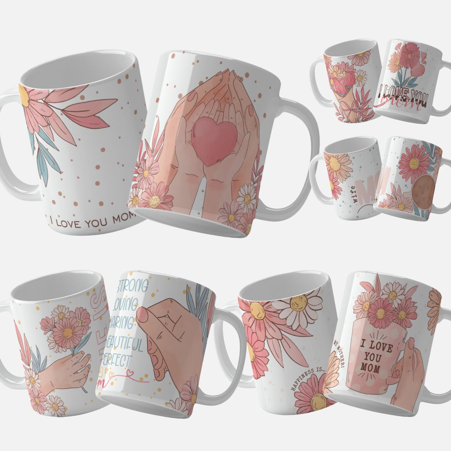 mothers day mug wrap png. Lovely png mug wrap template bundle featuring a bouquet of flowers with the text 'I Love You Mom' on a black background with white polka dots.