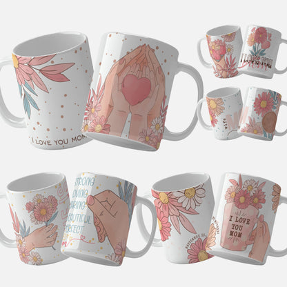 mothers day mug wrap png. Lovely png mug wrap template bundle featuring a bouquet of flowers with the text 'I Love You Mom' on a black background with white polka dots.
