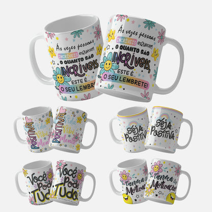 Motivational Mug Wrap Designs Lembrete-motivational-mug-wrap.png - "Colorful motivational mug wrap with the text 'Às vezes pessoas incríveis esquecem o quanto são incríveis, este é o seu lembrete! and playful flowers and stars.
