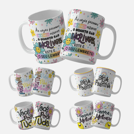 Motivational Mug Wrap Designs Lembrete-motivational-mug-wrap.png - "Colorful motivational mug wrap with the text 'Às vezes pessoas incríveis esquecem o quanto são incríveis, este é o seu lembrete! and playful flowers and stars.