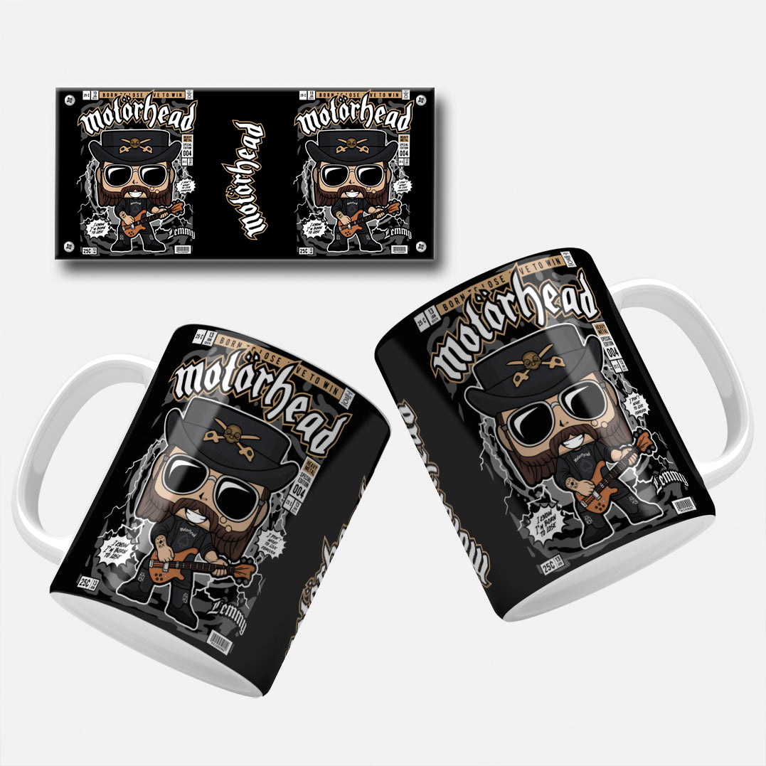 Image of Motörhead Mug Wrap  Comic-inspired mug wrap depicting Lemmy Kilmister from Motörhead with his signature hat and sunglasses, playing a bass guitar with a dark, grunge background.