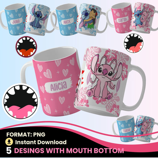 Collection of png mug designs with cartoon characters and personalized names on a light blue background.