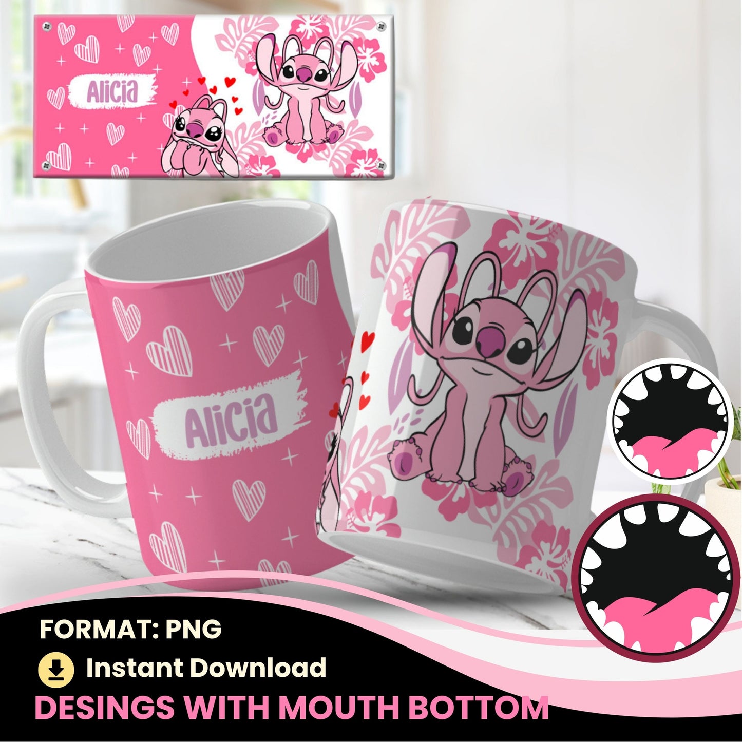 Collection of png mug designs with cartoon characters and personalized names on a light blue background.