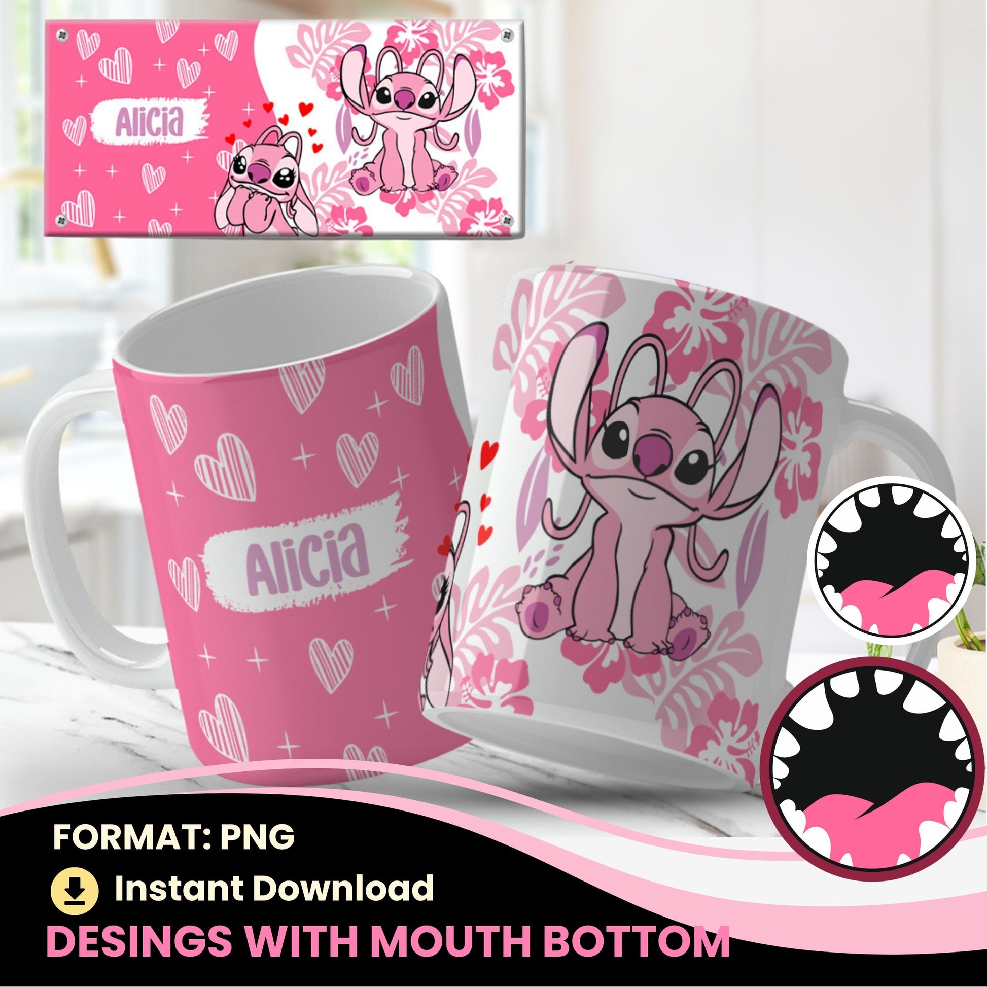 Collection of png mug designs with cartoon characters and personalized names on a light blue background.