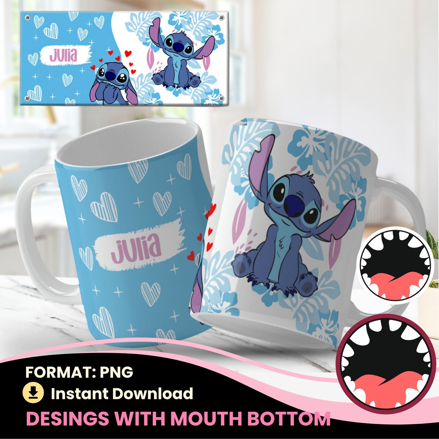 Collection of png mug designs with cartoon characters and personalized names on a light blue background.