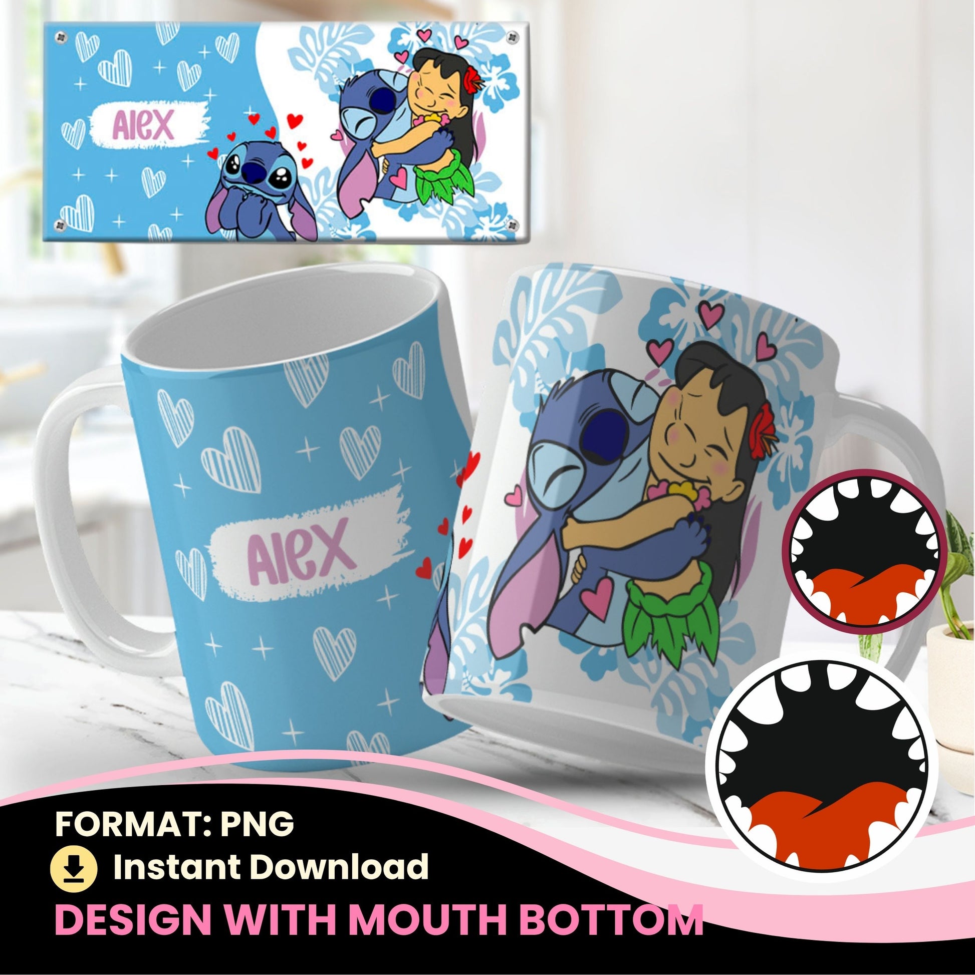 Collection of png mug designs with cartoon characters and personalized names on a light blue background.