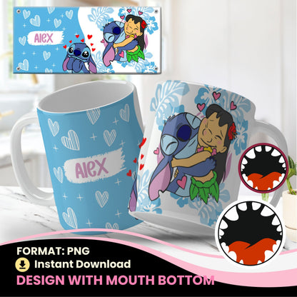 Collection of png mug designs with cartoon characters and personalized names on a light blue background.
