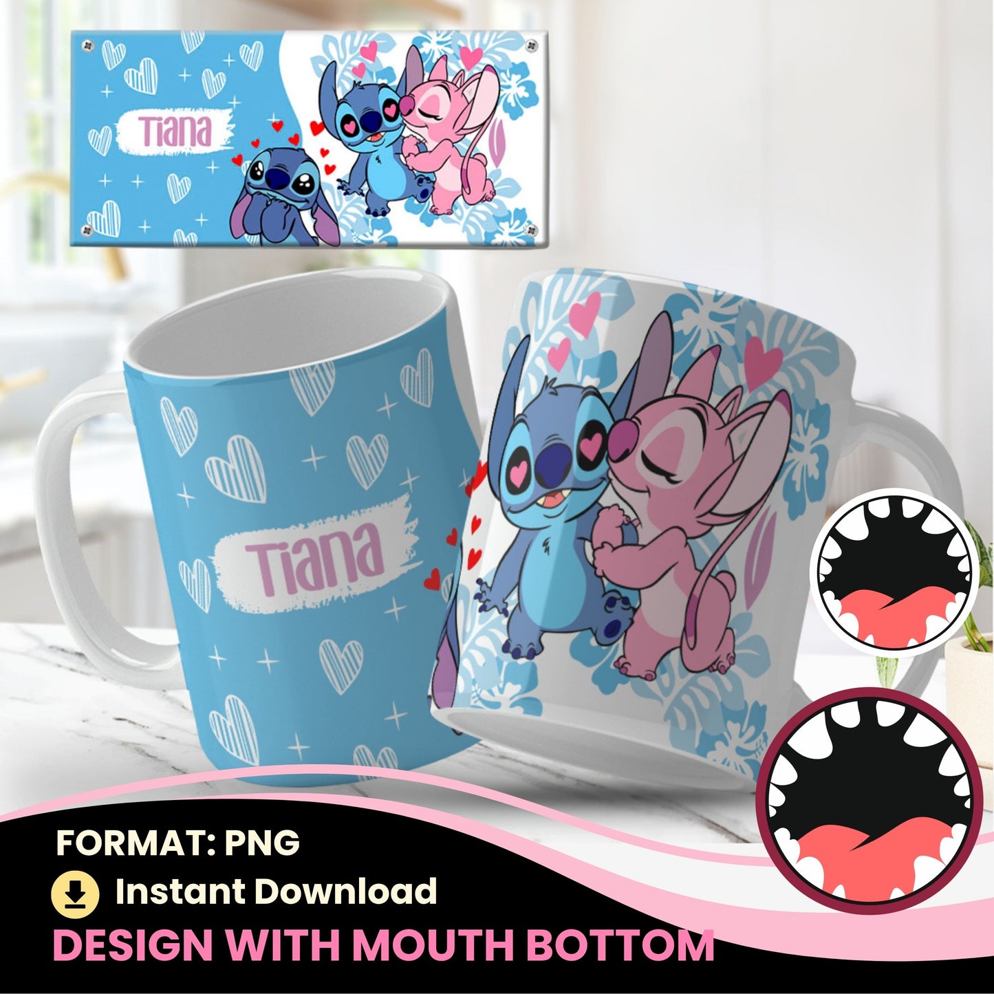 Collection of png mug designs with cartoon characters and personalized names on a light blue background.
