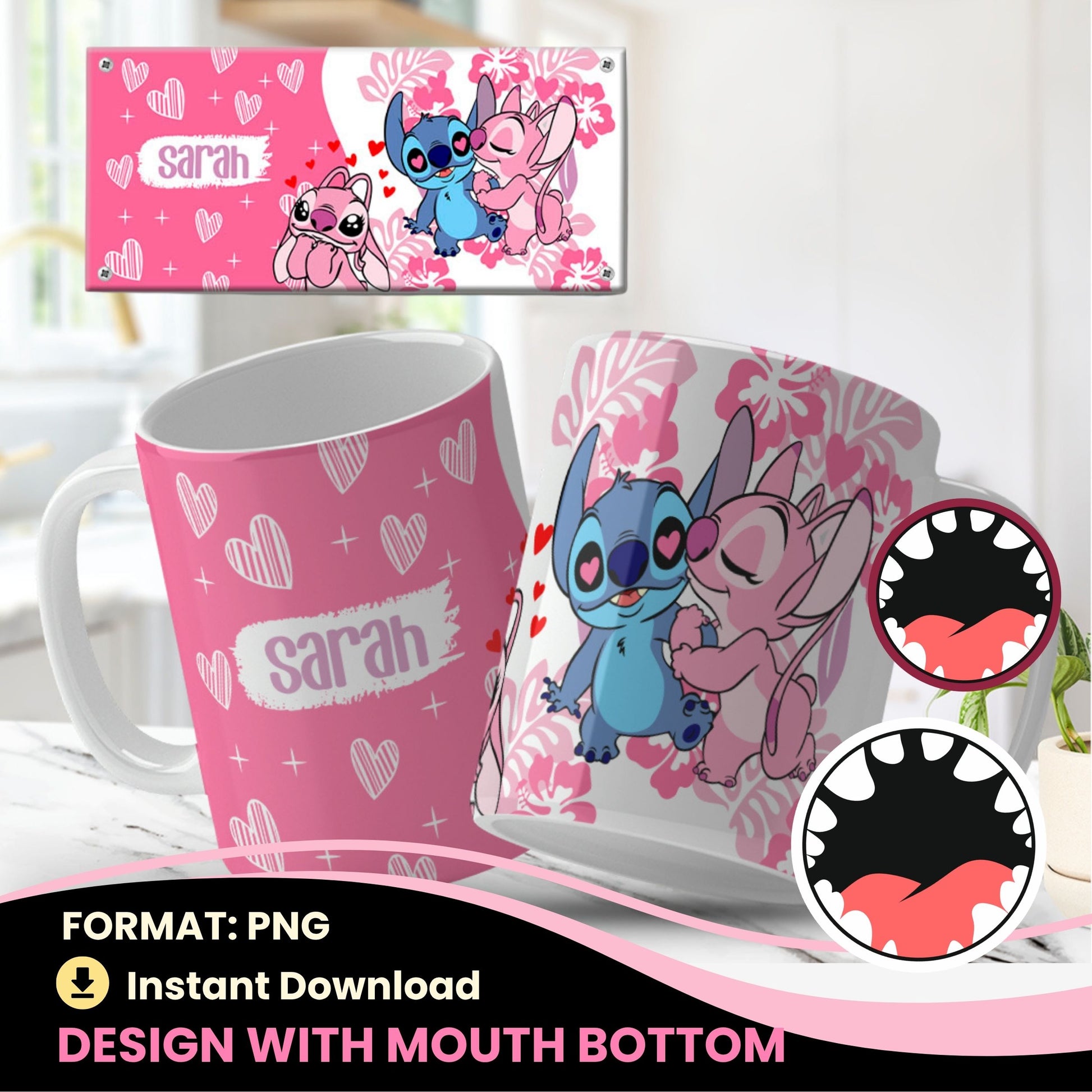Collection of png mug designs with cartoon characters and personalized names on a light blue background.
